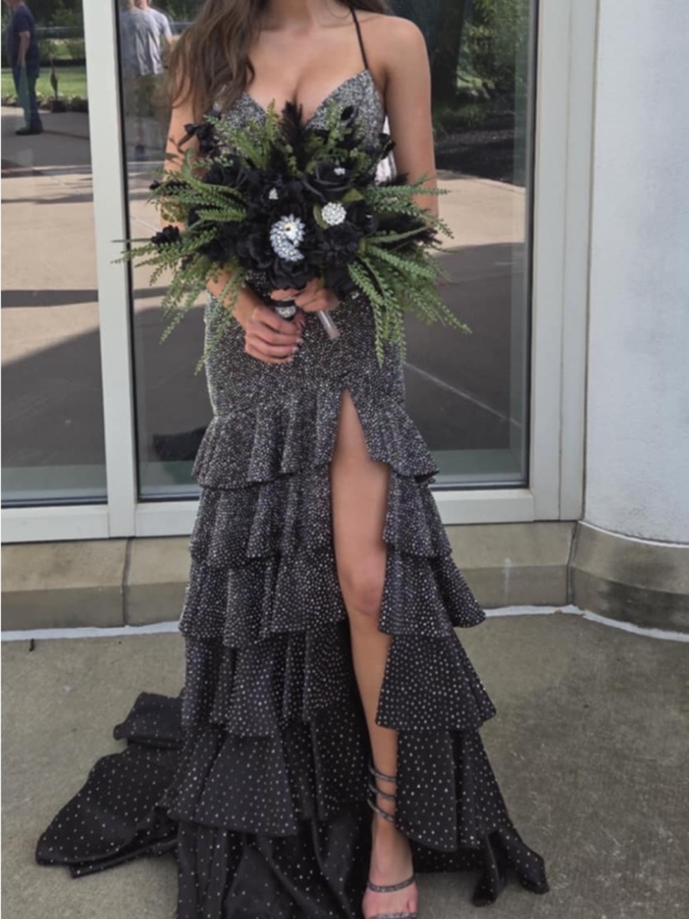 Sherri Hill Black Sparkle Tiered Ruffle Prom Gown with Thigh Slit